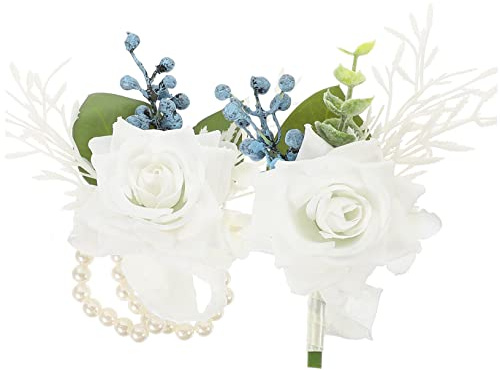 CIYODO Weiße Blumen Ansteckblume als Braut Corsage Armband aus Gewebe | 1 Satz mit Pin und Ribbon, fürs Handgelenk, Fest Fixierbar an Kleid oder Anzug, Souvenir