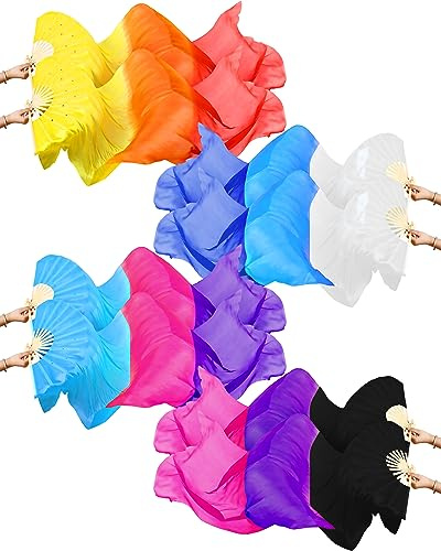 Thyle 4 Pairs 1.8 M Silk Fans Women Veils Belly Dance Fan, National Long Bamboo Fan Colors Artificial Silk Fans for Dancer Right Left Hand, 4 Styles(Mixing Color)