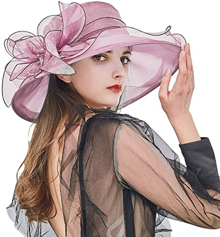 Damen Sonnenhut Mesh Blumen Hut Sommer Hut Faltbarer Elegante Blumen Sonnenhüte Breite Krempe Strandhut Damenhut für Hochzeit Tea Kirche Party Strand Hut, Strand, Strohhut, (A-022, One Size)