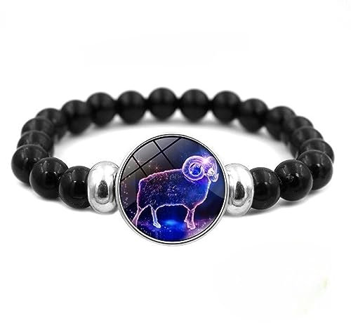 YONGHONGKEJI Chakra Bracelet 12 Zodiac Signs Constellation Astrological Bangle Natural Black Onyx Gemstone Healing Crystal Horoscope Bracelet Birthstone Jewelry For Men Couple,Aries