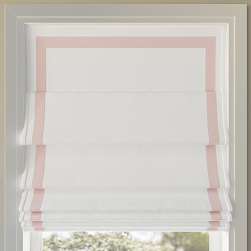 Sun Zero Marline Pink Ribbon Border 100% Total Blackout Cordless Roman Shade, Pink/White, 33 W x 64 H