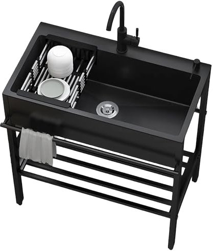 Fregadero de cocina independiente – Fregadero de acero inoxidable, juego de fregadero de bar de restaurante comercial con grifo y escurridor, tina de lavandería que ahorra espacio, fregadero de