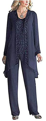 Women's 3 Pieces Chiffon Dress Mother of The Bride Pants Suits with Beaded Jacket Wedding Outfit Evening Gown