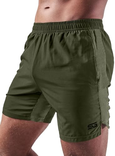Satire Gym - Sporthose Herren kurz mit Taschen - Sport Shorts Männer als Laufhose Gymshorts (Running, Bodybuilding, Fitness dunkelgrün, L)