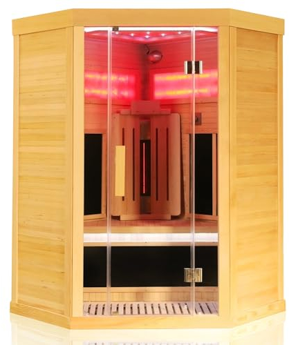 Dewello® Infrarotsauna Infrarotkabine SALTCOATS 120x120 1-2 Person Vollspektrumstrahler Bodenstrahler LED-Farblicht mit Natursalzstein, Bluetooth FM MP3 USB