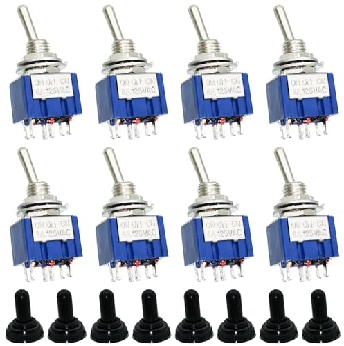 Interruptor de palanca, Dujelixa 8piezas MTS-203 interruptor miniatura electrónica 6pines 3posiciones, autobloqueo ON-OFF-ON corte 6mm, interruptor DPDT con tapa impermeable M6 AC 250V/3A (125V 6A)
