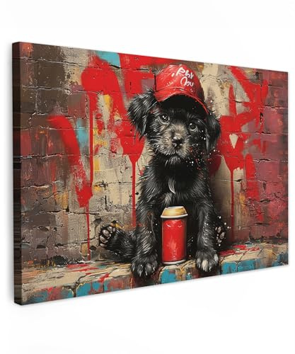 MuchoWow© Bild auf Leinwand Schlafzimmer Bilder Badezimmer Wand Deko | 90x60 cm - Wohnzimmer Modern Wanddeko Bilderwand Geschenk Graffiti - Hund - Welpe - Street Art - Rot