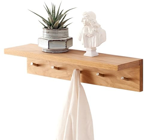 OAKERLAND Holz Wandregal mit Haken, 50cm Wand Garderobenleiste mit Ablage Eiche Schweberegal, Wandgarderobe Brett für Jacken, Garderobenhaken für Mäntel, Schals