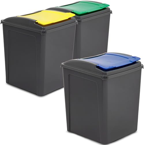 3X poubelles 50L Noir-Jaune-Bleu-Vert Poubelle 3 Compartiments 3 50l