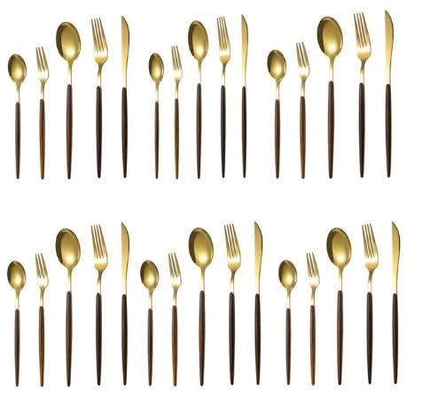 Vajilla de acero inoxidable de 30 piezas con asas de madera
