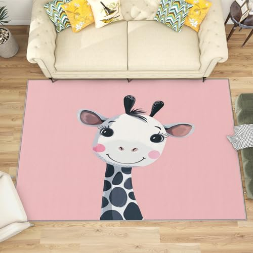 Kinderzimmer Teppich Giraffe - Teppich Wohnzimmer Schlafzimmer Kinder Giraffe Rosa, Großer Teppich Süße Tiere, Weich Kurzflor & Waschbar & rutschfest Wohnzimmerteppich, Bettvorleger 160x230 cm
