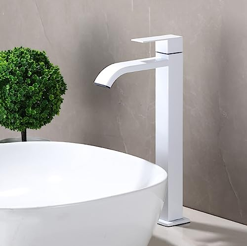 Grifo de Lavabo para Baño en Cascada Grifo Monomando Agua Fría Lavado Cascada Alto Acero Inoxidable Blanco Mezclador de Baño Monomando