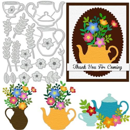BENECREAT Teapot Flower Cutting Dies Stencils, Tea Cup, Flowers, Leaves Carbon Steel Embossing Tool Die Cuts Metal Templates for DIY Scrapbooking, Photo Album, Decorative Embossing