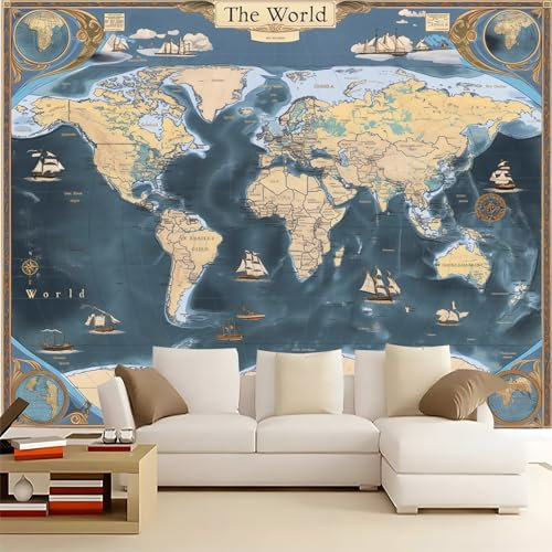 Vintage World Nautical Map Wallpaper Murals for Bedroom TV Backdrop Wall Paper, DIY Blue Home Children Room Poster Decor, 300 x 210 cm (WxH)