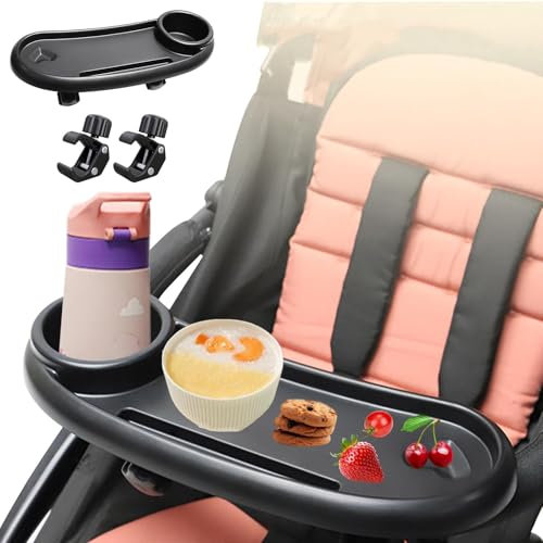 3 In 1 Universal Stroller Snack Tray with Cup Holder & Phone Holder, Snack Tray for Stroller with Adjustable Double Clip, Stroller Accessories,Black,(38×14×5.5cm)