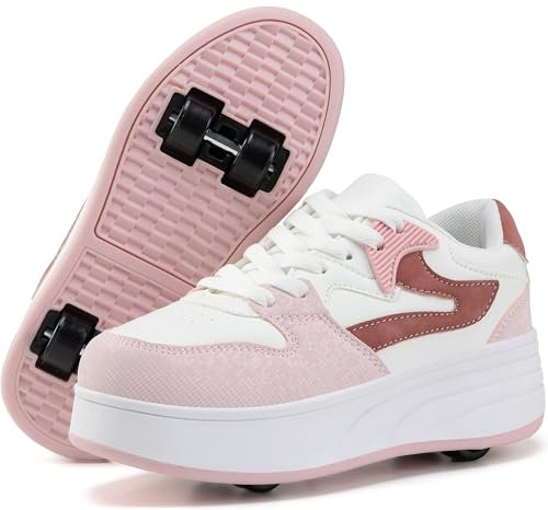 ANEFUN Chaussures de skate à roulettes pour enfants, garçons et filles, baskets avec roues détachables, chaussures de sport, blanc/rose, 36 EU