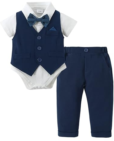 Amissz Ensemble de Baptême pour Bébé Garçon, Robe de Baptême pour Nouveau-né Body de Mariage 3 Pièces Body + Nœud Papillon + Gilet + Pantalon Bleu 0 6 9 12 18 24 Mois