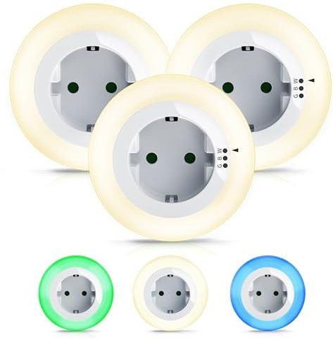 Brandson - 3 x Nachtlicht für die Steckdose - LED Nachtlampe mit Dämmerungssensor und Helligkeitssensor - Auto ON OFF - Orientierungslicht 3 Farben Warmweiß Blau Grün - Kinder Erwachsene Senioren