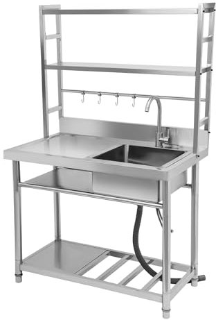 Edelstahl Tisch Gastro Spüle mit Unterschrank, Gewerbliche Spülbecken Küche Spültisch, Freistehende Spülenschrank mit Spüle und Armatur, für Außen, Innen, Restaurant, 100 * 50 * 160cm (B)