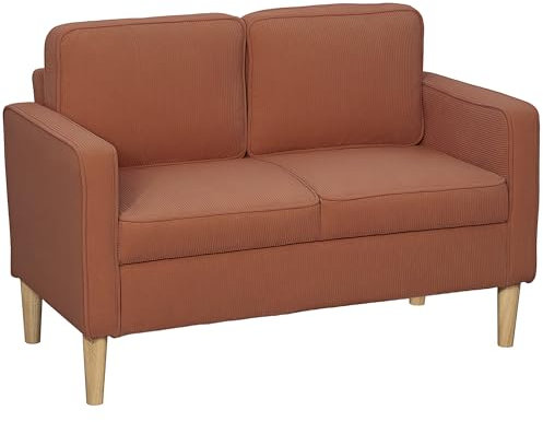 HOMCOM Sofa 2 Sitzer klein Couch mit Armlehne, Stauraum, modern Polstersofa mit Cordoptik, Holzbeine, Kissen, Loungesofa für Wohnzimmer, Schlafzimmer, 117 x 63 x 79 cm, Orange