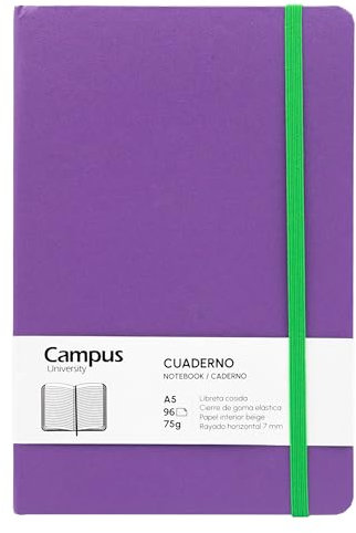 Campus Bullet Journal Notizbuch, A5, horizontal, liniert, 7 mm, gebundenes Notizbuch mit festem Einband, 96 Blatt à 75 g, elastischer Verschluss, Tasche und Lesezeichen, A5, horizontal liniert,