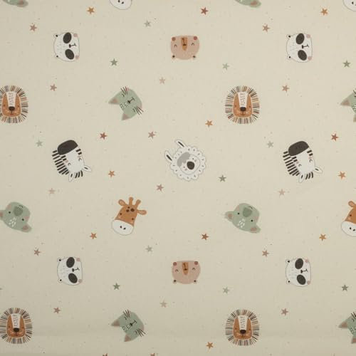 Kt KILOtela - Bedruckter Popeline-Stoff, Baumwolle, Dekoration, Kleidung, Zubehör, Basteln, Patchwork, 100 cm Länge x 140 cm Breite, Tiere, naturfarben, 1 Meter