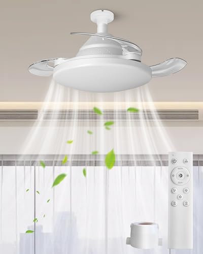 EGOBASIC Retractable Ceiling Fan with Lights and Remote, Dimmable, Timer, 3 Wind Speeds, Quiet, E26 E27 Flush Mount, 22.4” Modern Small White Fandelier for Living Room Bedroom Kitchen Dining