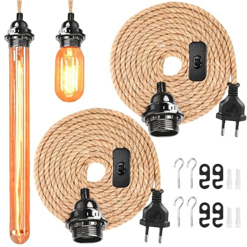 GOMETY 2 Stück E27 Lampenfassung mit Schalter und Stecker Fassung E27 mit 4,5m Hanfseilkabel Hanfseil Pendellampe für DIY Hängende Pendelleuchte Vintage Stehleuchten Hängelampe Kronleuchter Vintage