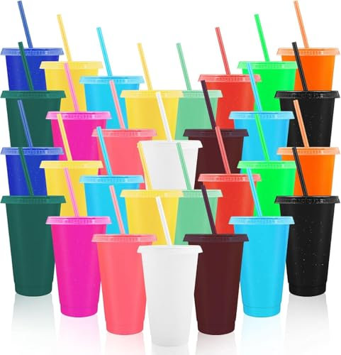 PQHIQ Plastic Tumblers with Lids and Straws, 30 Pcs Reusable Cups with Lids Plastic Colorful Cups for Parties Birthdays, Iced Coffee Cup Travel Mug Cold Drink Cups Bulk Tumblers (700 ml)