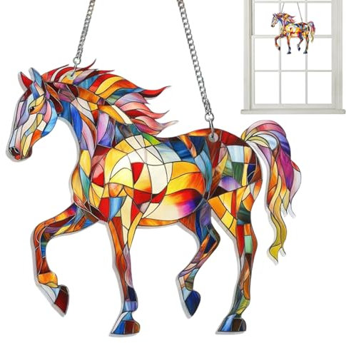 Horse Hanging Ornament - for Window, Light Reflector | Acrylic Rainbow , Decorative Glass Pendant with Casting Prisms with Equine Theme Balustrades, Hooks