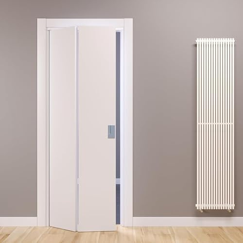 Porte Italiane, Puerta plegable tipo libro Fluid Motion 180° de laminado, estructura de madera y cubrecables impermeable, con cerradura magnética, 60 x 210 cm con apertura a la derecha, blanco