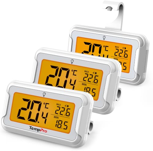 TempPro Digital Fridge Thermometer, Waterproof Freezer Thermometer, 3 pack | Large Backlit LCD, Max&Min Record, Easy Battery Replacement, High Accuracy, for Kitchen, Basement(Previously ThermoPro)