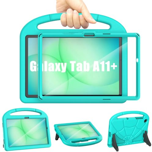 Kids Case for Samsung Galaxy Tab A11+ Plus 11inch 2025/Galaxy Tab A9+ Plus 11inch 2023, Mansiruyi Lightweight Shockproof Samsung A11 Plus/A9 Plus Tablet Case with Screen Protector Handle Stand - Cyan