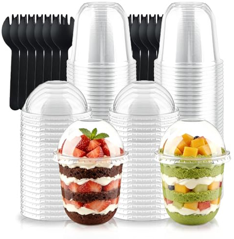 MEETOZ Lot de 50 tasses à dessert rondes réutilisables de 355 ml avec couvercles en dôme, couvercles et cuillères pour desserts, pudding, mousse, crème glacée, cheesecake