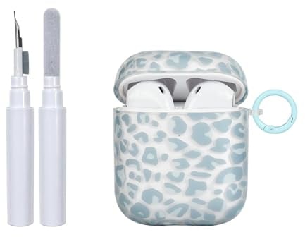 Reownest Kompatible für AirPods 2 Hülle mit Reinigungsset, Cute Grau Blau Leopardenmuster Ästhetisches Design, Schockdichte Schlüsselanhänger Abdeckung für Mädchen Frau-Transparent