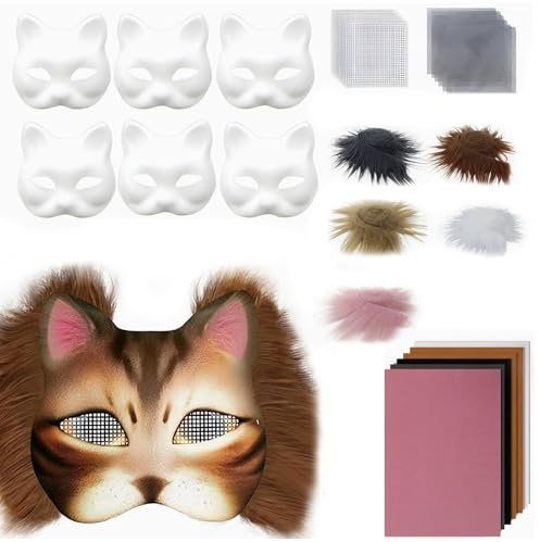 HSMHLYYB Therian Mask DIY, 6 Stück DIY Papier Maske mit Kunstpe, Augennetz und Filztuch, Furry Weiße Tiermaske, Weiße Maske, Unbemalt Masken, Katzenmasken für Halloween Maskerade, Maskenball, Cosplay