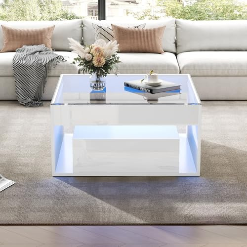 Couchtisch 70 x 70 x 35 cm, Beistelltisch mit 2 Schubladen, Sofatisch, Hochglanz-Kaffetisch, Wohnzimmertisch mit durchbrochenem Design, Schreibtisch und Esstisch aus gehärtetem Glas mit LED, Weiß