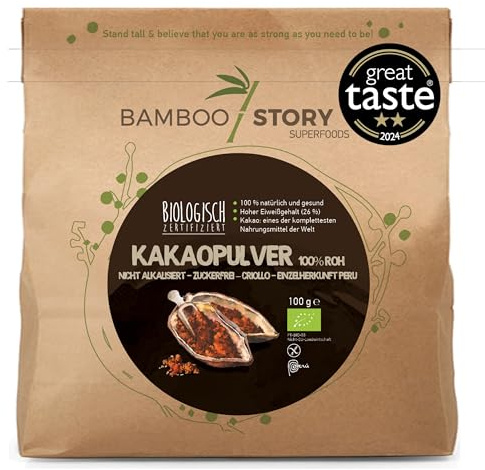 BAMBOO STORY | Bio Kakaopulver roh 100 g | Great Taste Award | Ohne Zuckerzusatz | 100% Peru (Single Origin) – Criollo | Nicht alkalisiert | 18% Fett