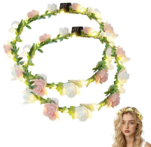 2PCS LED Blumenkrone Stirnbänder, Leuchtender Rosen Blumenkranz mit 3 Modi | 12 Blumen & 12 Lampenperlen, Verstellbar, LED Girlande für Frauen, Valentinstag, Strandparty & Hochzeit (Rosa-Weiß)