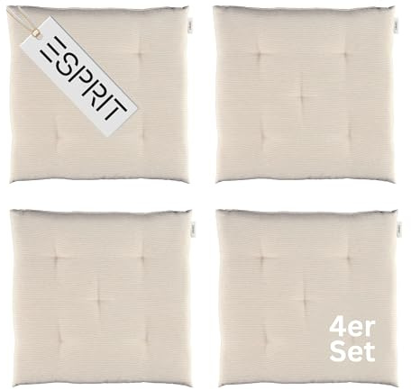 Esprit 4er Set Sitzkissen Stuhl 40x40cm Beige - Bequeme Stuhlkissen für Esszimmer & Küche - waschbar bis 30°C - Öko-Tex - Sitzauflage für Gartenmöbel, Sitzpolster, Bank, Bürostuhl & Boden