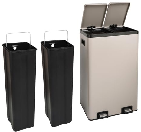 SVITA TMH2X30 Mülleimer 60L Mülltrennsystem 2 Fächer 2x15L Softclose-Deckel Pedal versteckbar Kunststoff Inneneimer | Pulverbeschichteter Stahl Taupe
