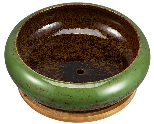 GATHINESS Ceramic Succulent Planter Pot with Drainage Tray, round Bowl Shape with Unique Design for Versatile Use in Garden and Home, Multipurpose Cactus Flower Plant Container