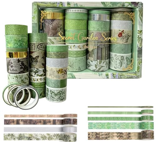 xolear 24 rullar grön washi tejp set gröna växter fjärilar växter