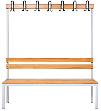 furni24 Umkleidesitzbank mit Stahlrahmen, Garderobenbank Sportraum Bank für Fitnessstudio Buche Echtholz, lackierter, Hakenleiste und TÜV/GS getestet - 150 cm Einseitige - Grau