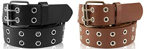 Nietengürtel im 2er Set mit Doppel-Lochnieten, Ösen und Dornschließe für Damen und Herren (Schwarz/Cognac - 120/BW105 - Br. 3,5cm)