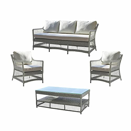 Loberon Sitzgruppe Cuchery, Höchster Sitzkomfort, Wetterfest & Schnelltrocknend, Sitzmöbel mit Gartentisch, Gartenmöbel, Outdoor, Glas, Aluminium, Kunststoff, grau/Creme