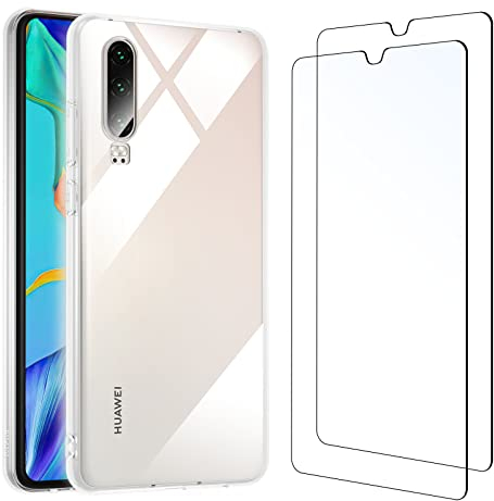 NEW'C Hülle für Huawei P30 - Ultra Transparent Silikon Weiches TPU Gel und 2 × Panzer Schutz Glas für Huawei P30 - Anti Scratch