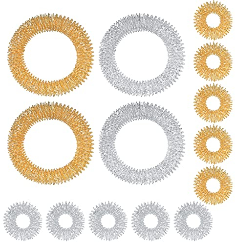 14 Stück Finger Massageringe und Massage Armbänder (10 Ringe, 4 Armbänder), Akupressur Ringset für Jugendliche, Erwachsene, Stressreduzierer und Finger Handgelenk Massagegerät - Gold, Silber (14)
