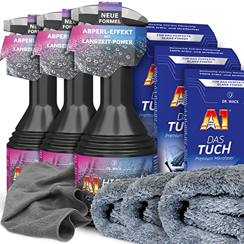detailzone Autopflege Set: 3x Dr. Wack A1 HIGH END Spray Wax Lackversiegelung Autowachs + 3x Dr. Wack DAS TUCH + Premium Mikrofaser Poliertuch 40x40cm