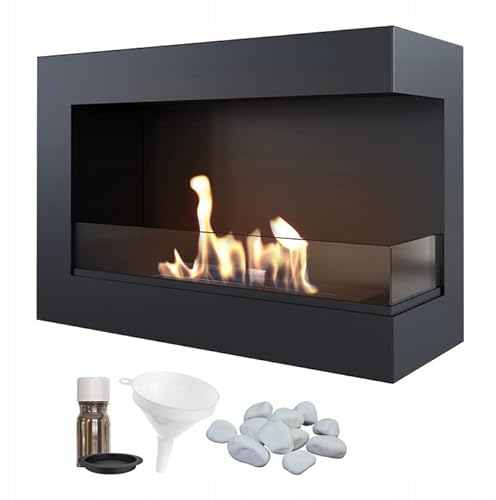 KRATKI Delta 700 Chimenea de Esquina Derecha de bioetanol + Guijarros + Embudo + Juego de aromaterapia Montaje en l Biocontainer 0,75 l, TÜV Acero, 48 x 70 cm, Acristalamiento, Negro